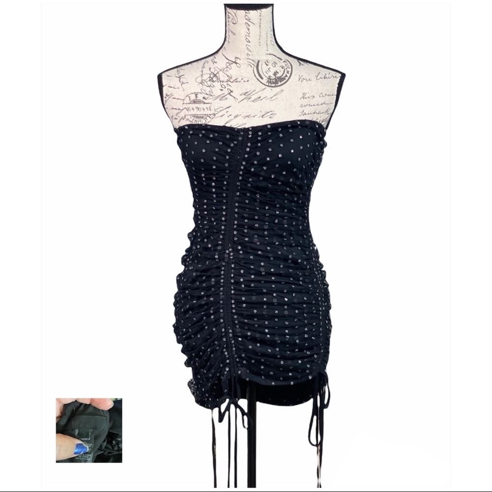 Revolve H:OURS LN Black Polka Dot Ruched Side Tie Strapless Mini Dress